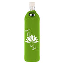botella reutilizable de vidrio flaska con funda de neopreno verde y diseño flor de loto