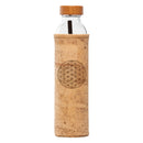botella de agua de cristal flaska con funda de corcho y diseño flor de la vida