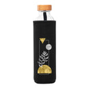 botella de agua de cristal flaska con funda de neopreno negra y diseño formas universo