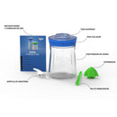 Componentes del kit fermentador de kéfir Kefirko con sus partes etiquetadas: manual, tarro de vidrio, tapas y accesorios.
