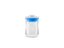 Fermentador de kéfir Kefirko pequeño, de vidrio, con una tapa colador de color azul.