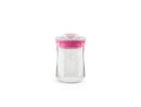Fermentador de kéfir Kefirko pequeño, de vidrio, con una tapa colador de color rosa.