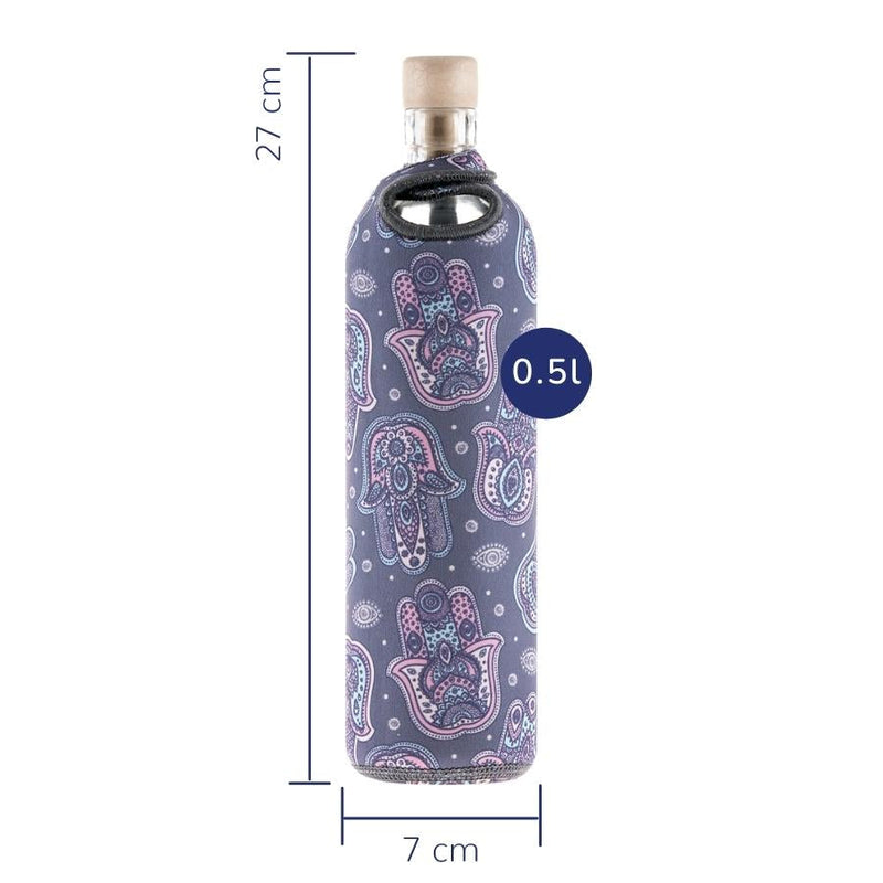 tamaños de botella reutilizable de vidrio flaska con funda de neopreno diseño mano de fatima