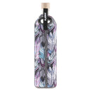 vista posterior botella reutilizable de vidrio flaska con funda de neopreno diseño plumas de coloress