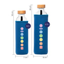tamaños de botella de agua de cristal flaska con funda de neopreno azul y diseño chakras colores