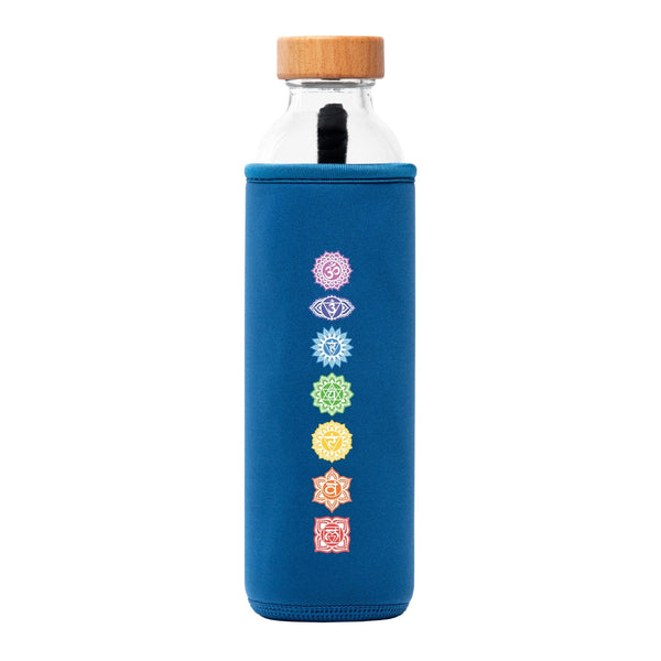 botella de agua de cristal flaska con funda de neopreno azul y diseño chakras colores