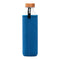 vista posterior botella de agua de cristal flaska con funda de neopreno azul
