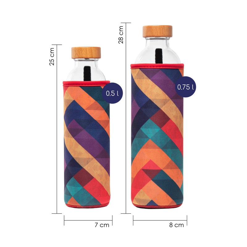 tamaños de botella de agua de cristal flaska con funda de neopreno diseño formas geometricas