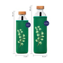 tamaños de botella de agua de cristal flaska con funda de neopreno verde y diseño hojas