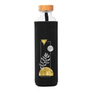 botella de agua de cristal flaska con funda de neopreno negra y diseño formas universo