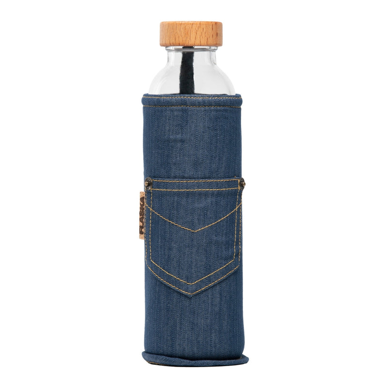 botella de agua de cristal flaska con funda de neopreno y tela vaquera
